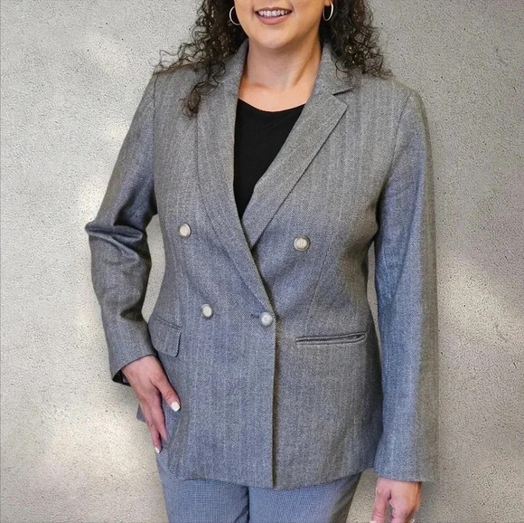 Ann Taylor Double Breasted Blazer. Grey Herringbone. Size 14 Petite - Picture 1 of 7